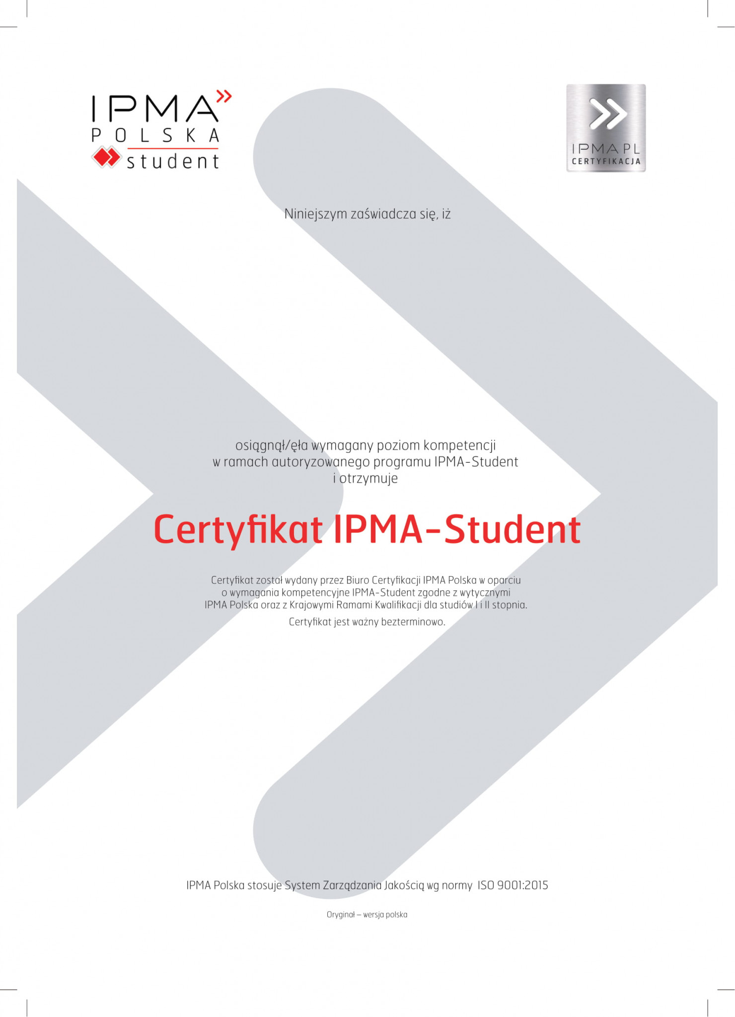 Drukowany certyfikat IPMA-Student