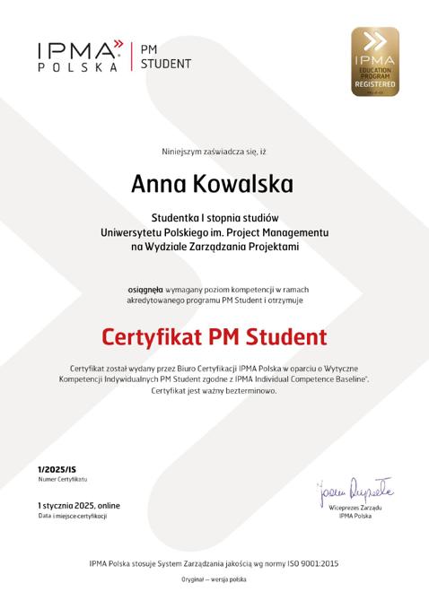 Drukowany certyfikat PM Student